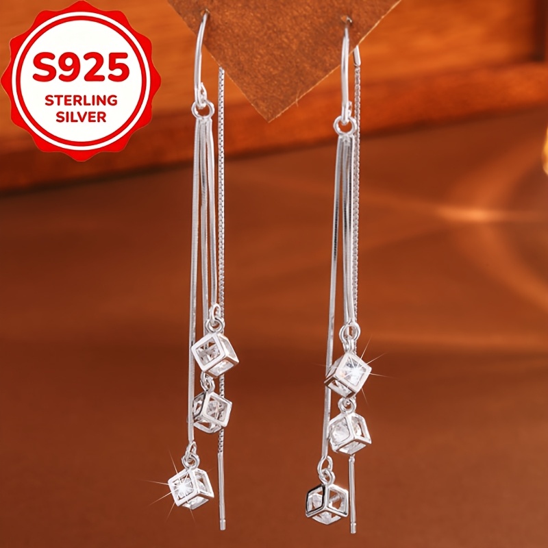2pcs Women's S925 Pure Silver Square Drop Earrings Set